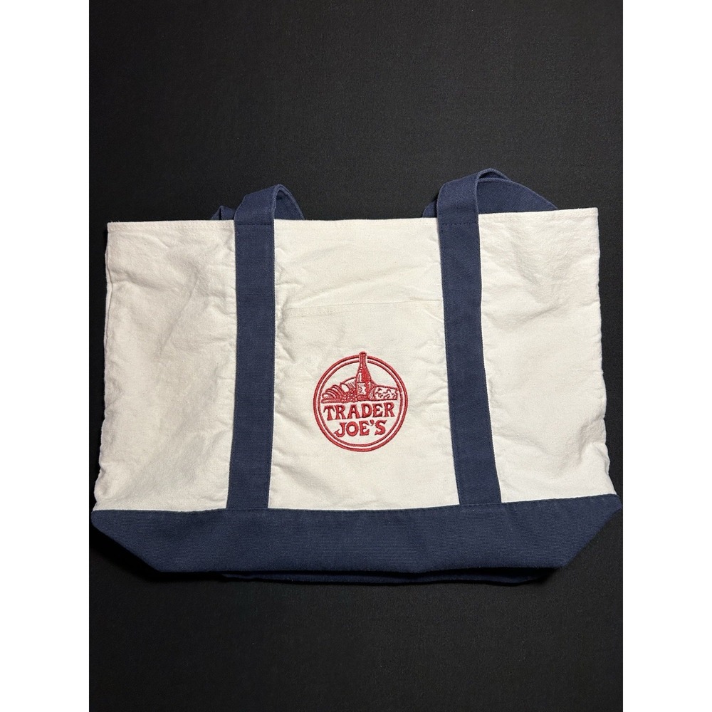Trader Joe's Large Canvas Tote Bag Red White Blue Logo Classic Grocery Bag - Picture 7 of 9